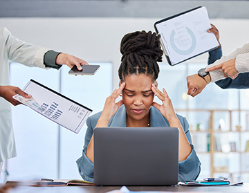 stress Headache, stress or black woman multitasking documents, portfolio or paperwork for deadlines with a.